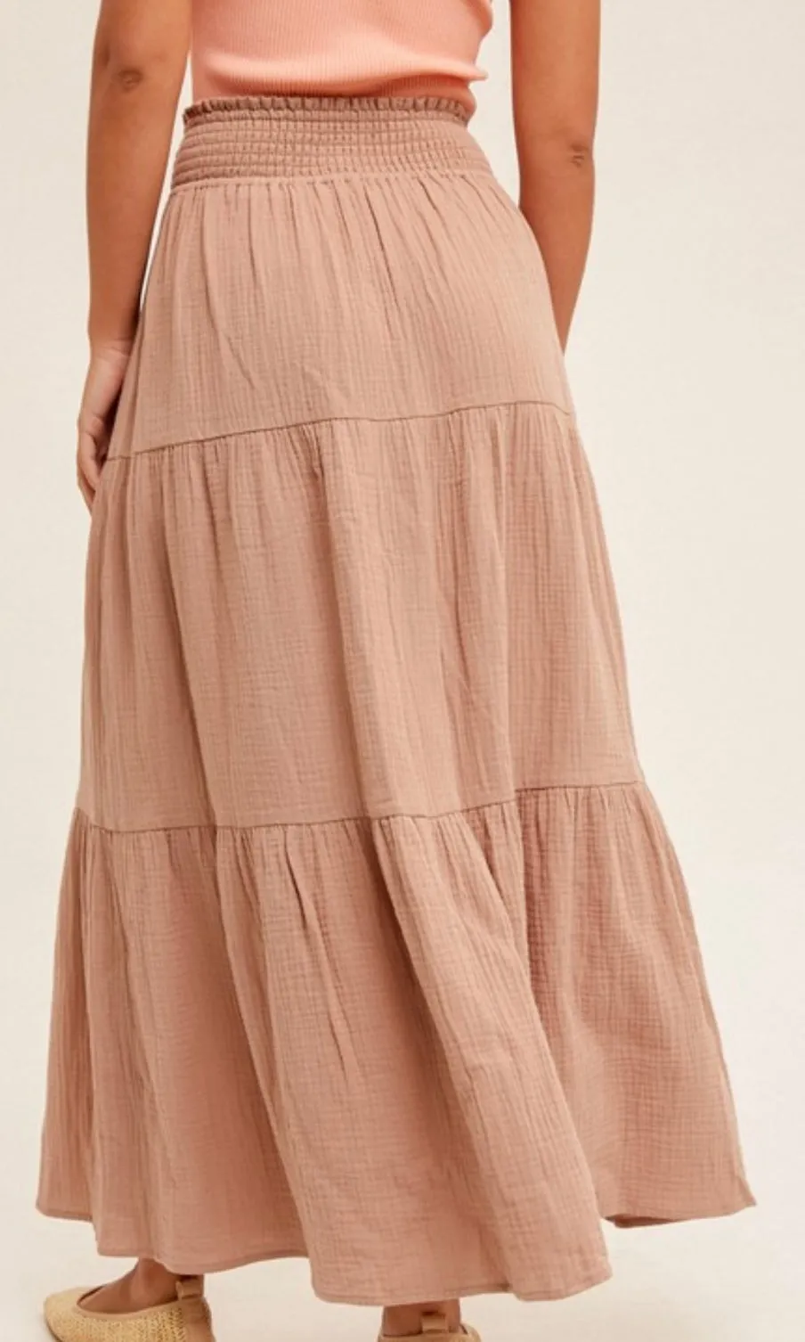 Abaly Taupe Tiered Smocked Waist Maxi Skirt