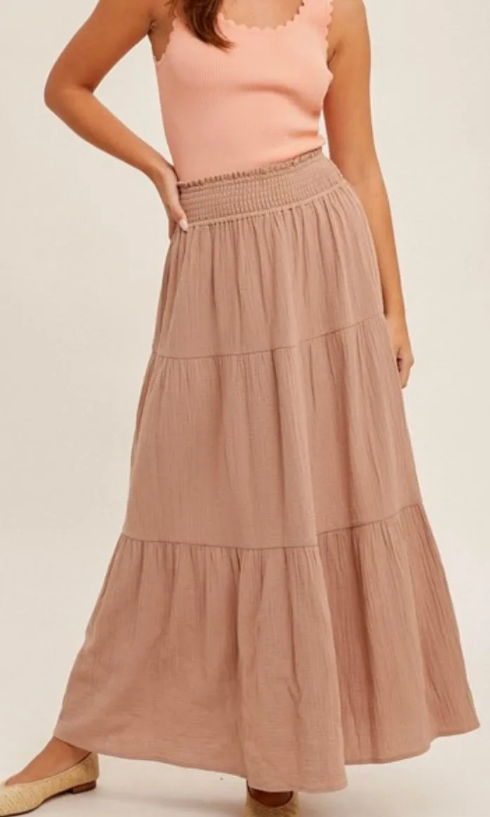 Abaly Taupe Tiered Smocked Waist Maxi Skirt