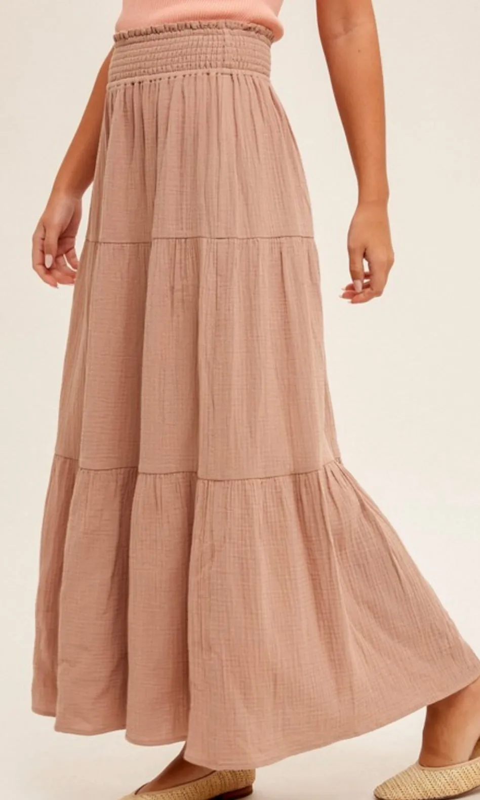 Abaly Taupe Tiered Smocked Waist Maxi Skirt