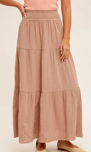 Abaly Taupe Tiered Smocked Waist Maxi Skirt