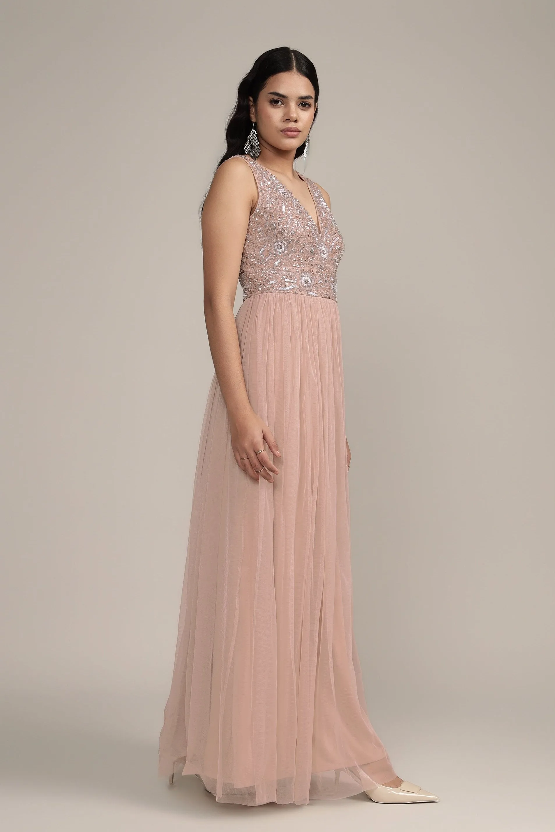 Addie Embellished Maxi Dress in Taupe