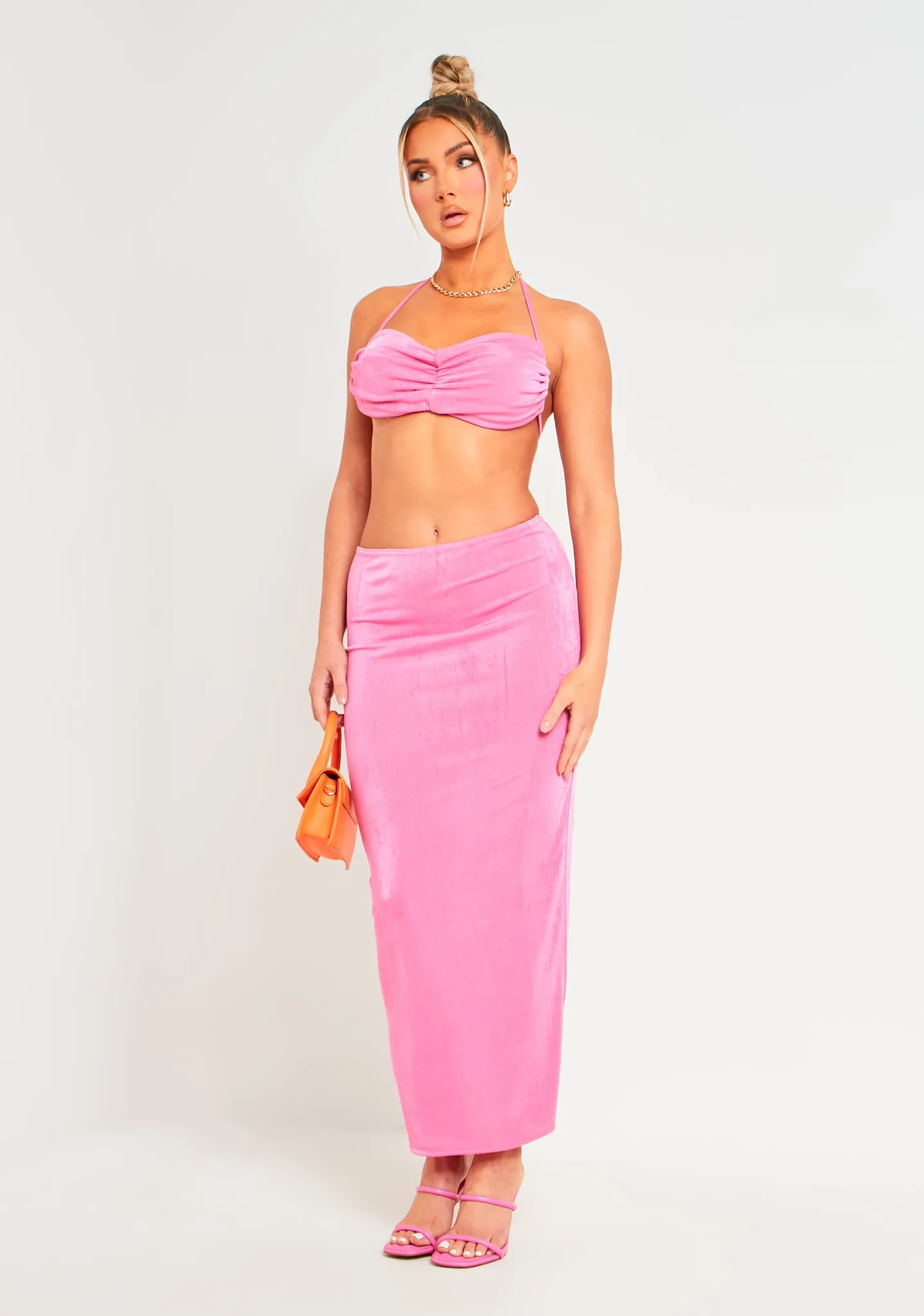 Amora Pink Acetate Slinky Ruched Maxi Skirt