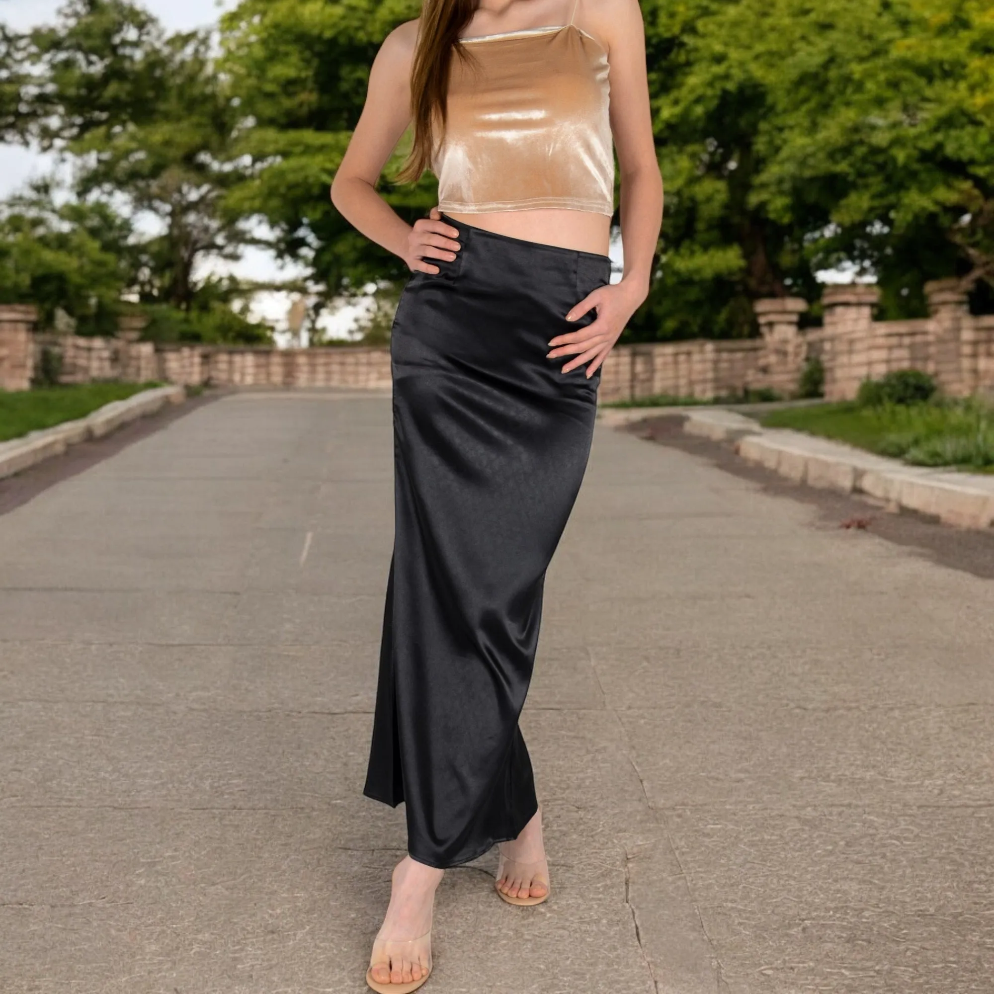 Anna-Kaci Women's High-Waisted Satin Maxi Skirt