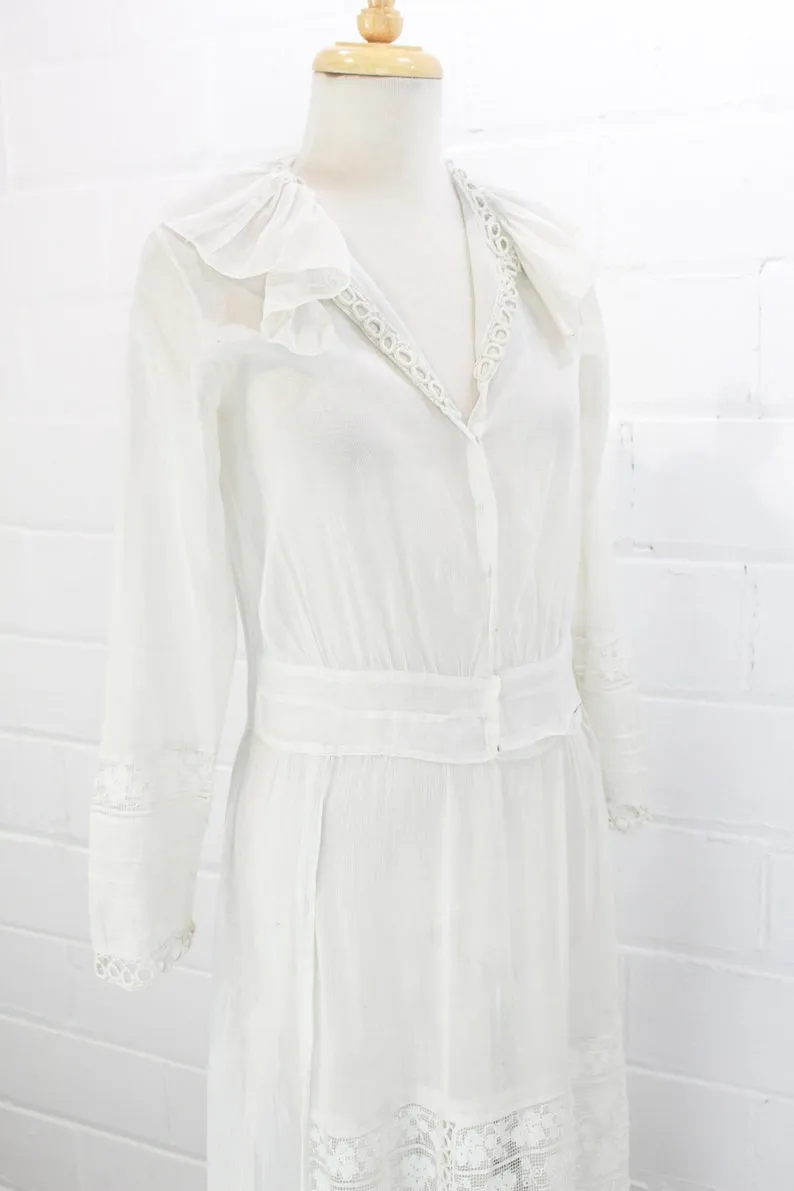 Antique Edwardian White Cotton Dress with Ruffle Collar, Small
