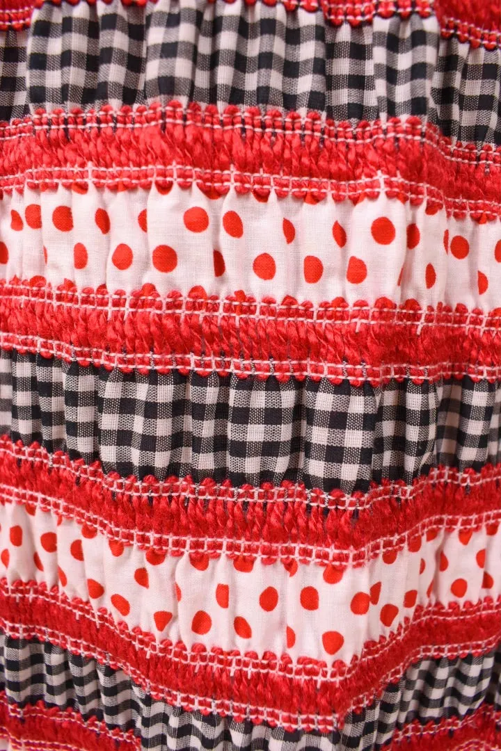 B&W Gingham and Red Polka Dot Tiered Maxi Skirt, M