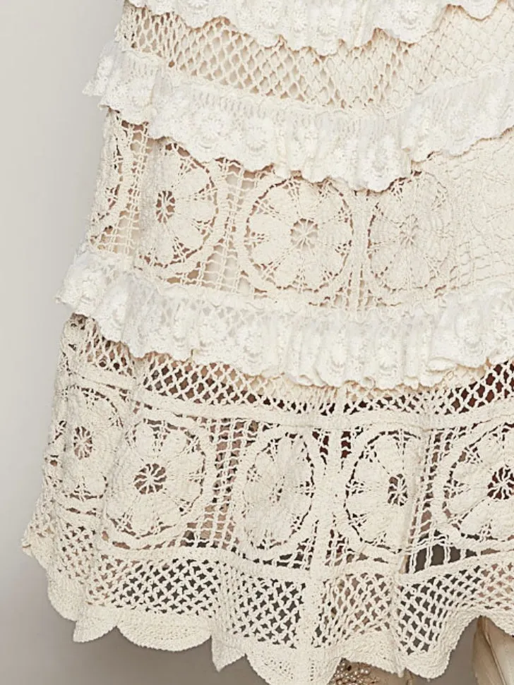 Beige lace crochet layered maxi skirt
