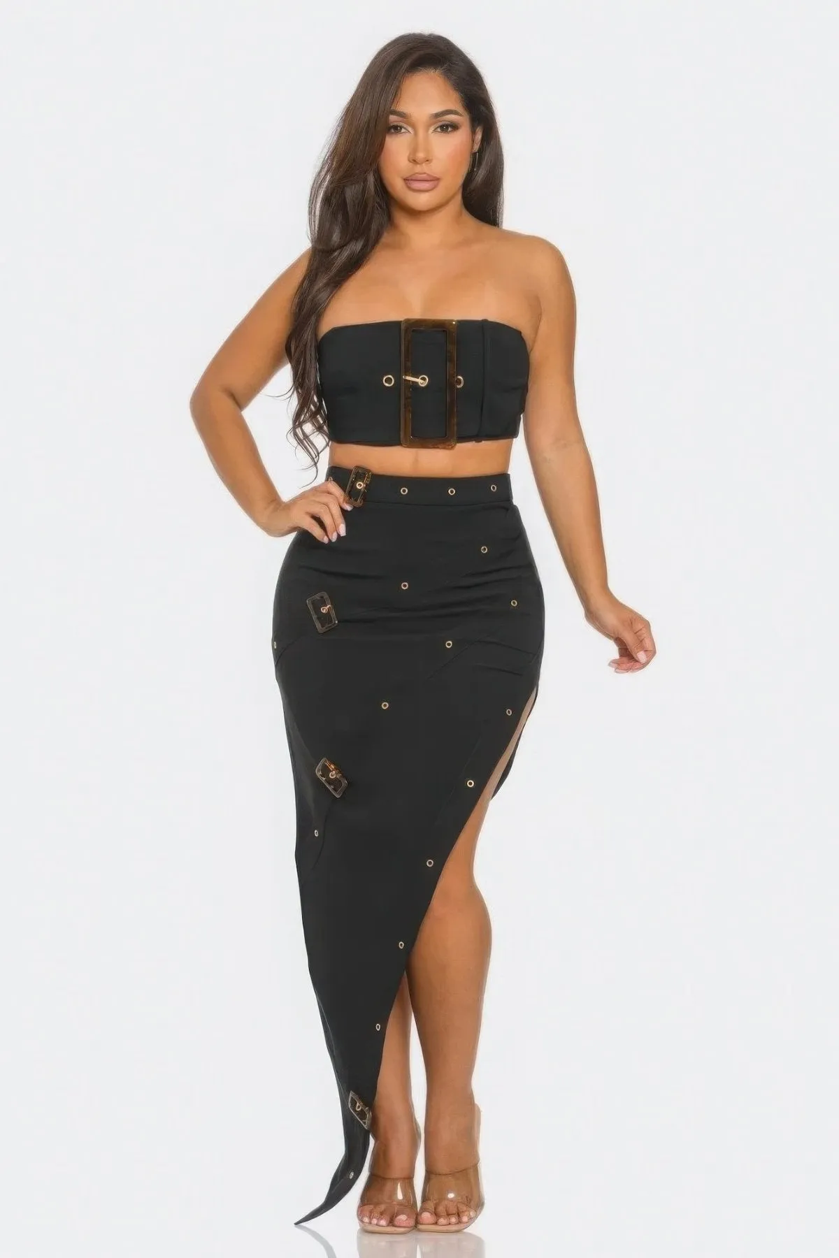 Belt Buckle Crop Top & Skirt Set