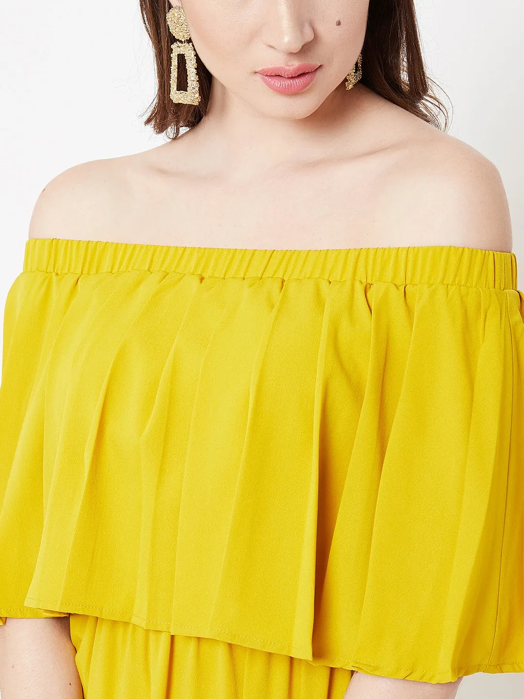 Berrylush Women Solid Yellow Off-Shoulder Neck Three-Quarter Sleeve Flared Maxi Dress