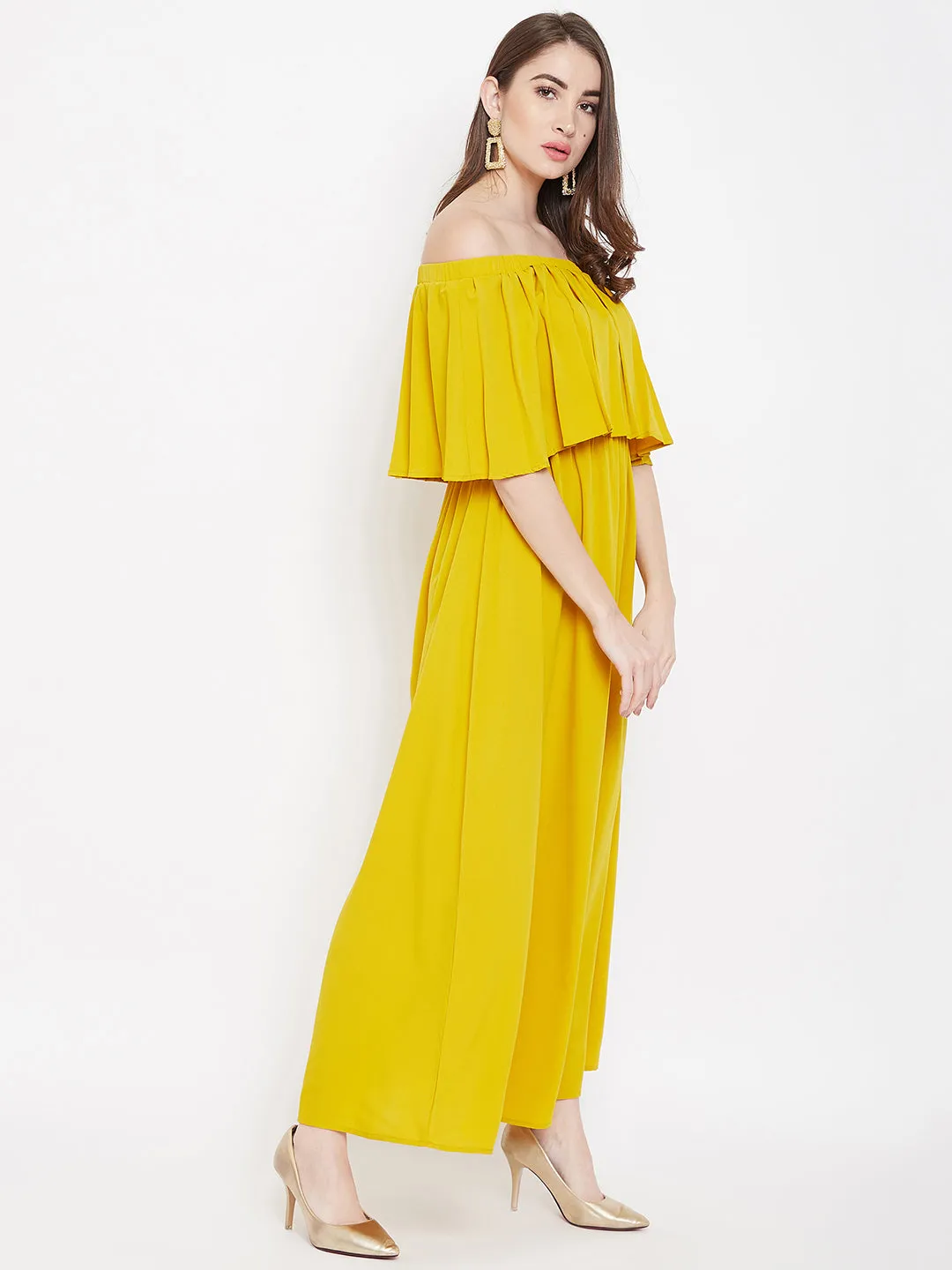 Berrylush Women Solid Yellow Off-Shoulder Neck Three-Quarter Sleeve Flared Maxi Dress
