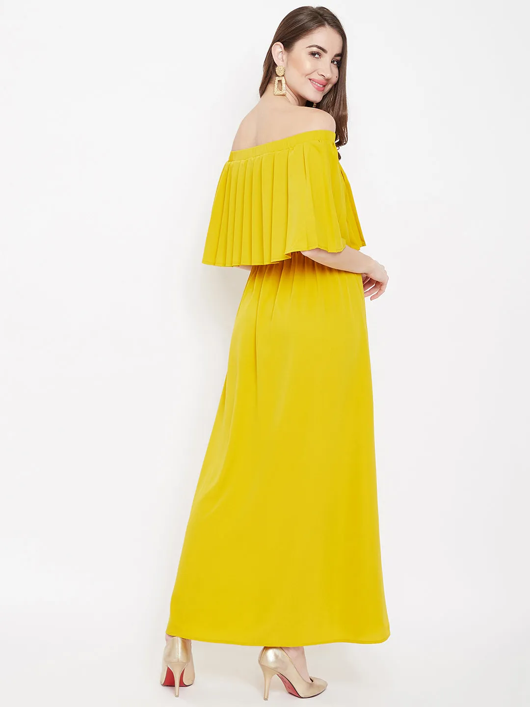 Berrylush Women Solid Yellow Off-Shoulder Neck Three-Quarter Sleeve Flared Maxi Dress