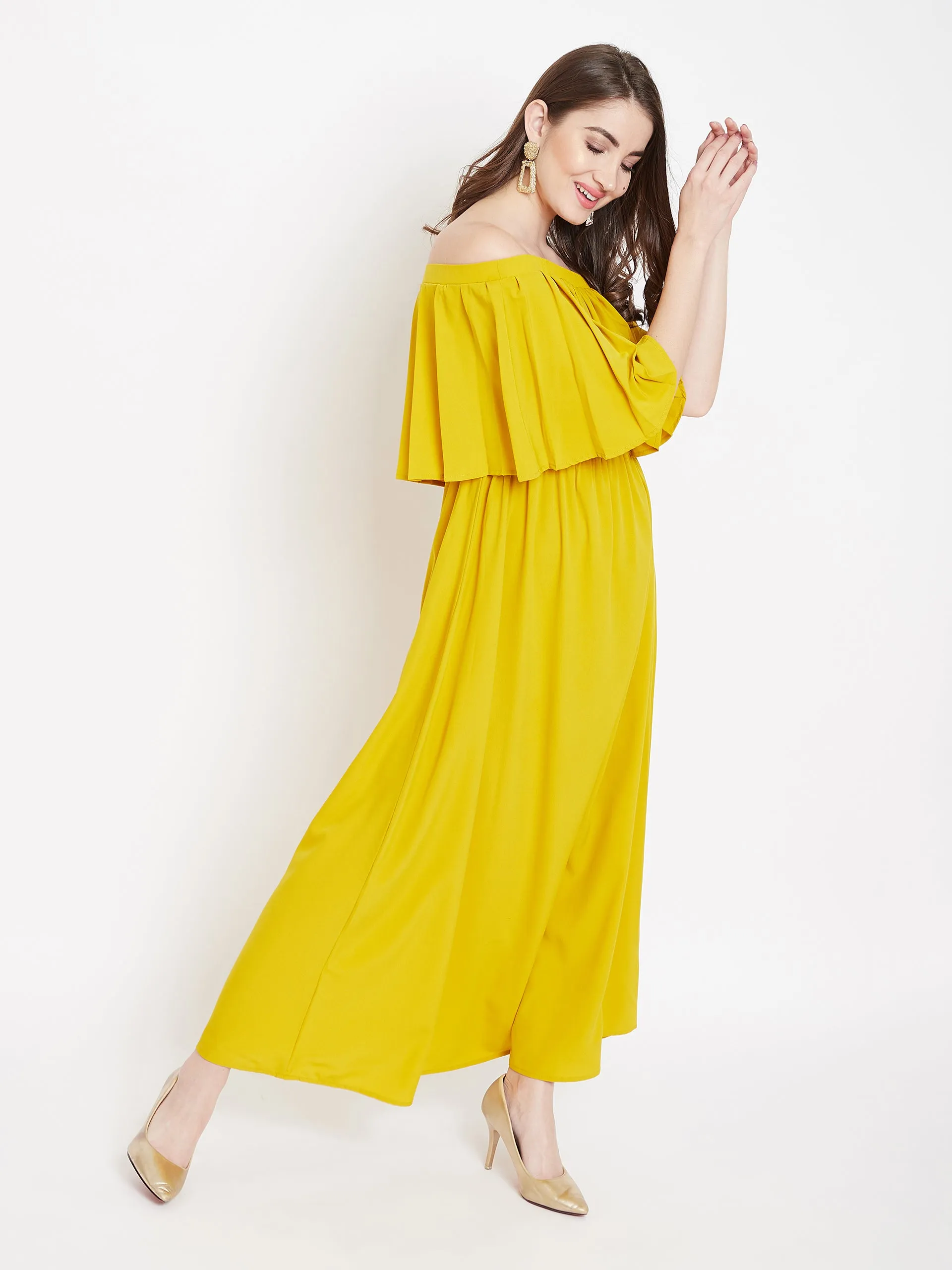 Berrylush Women Solid Yellow Off-Shoulder Neck Three-Quarter Sleeve Flared Maxi Dress