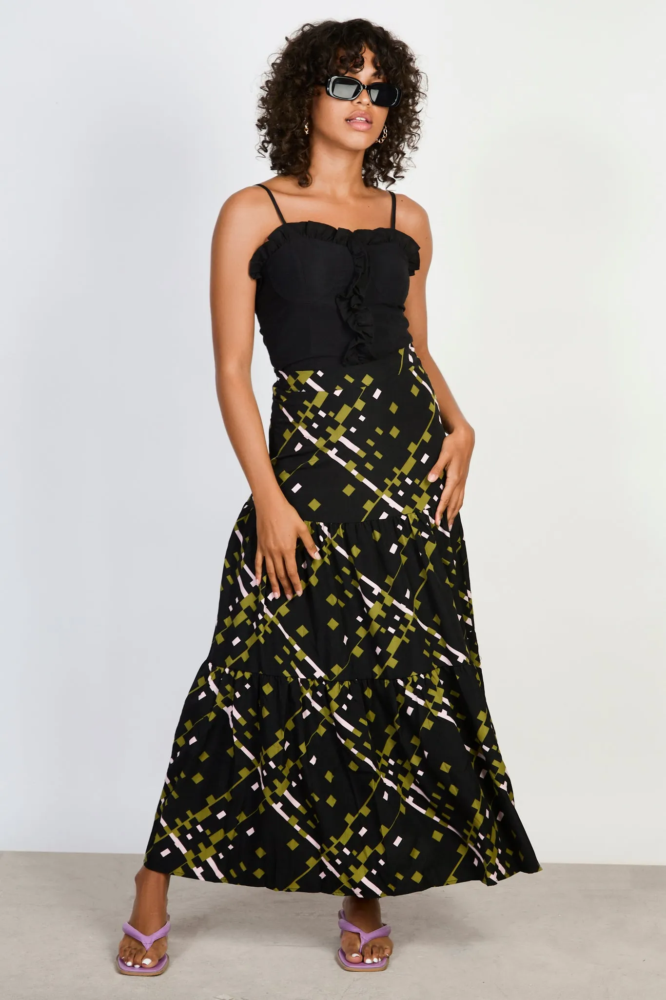 Black olive and pink graphic print tiered maxi skirt