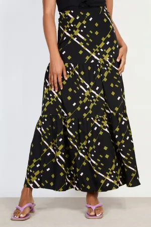 Black olive and pink graphic print tiered maxi skirt