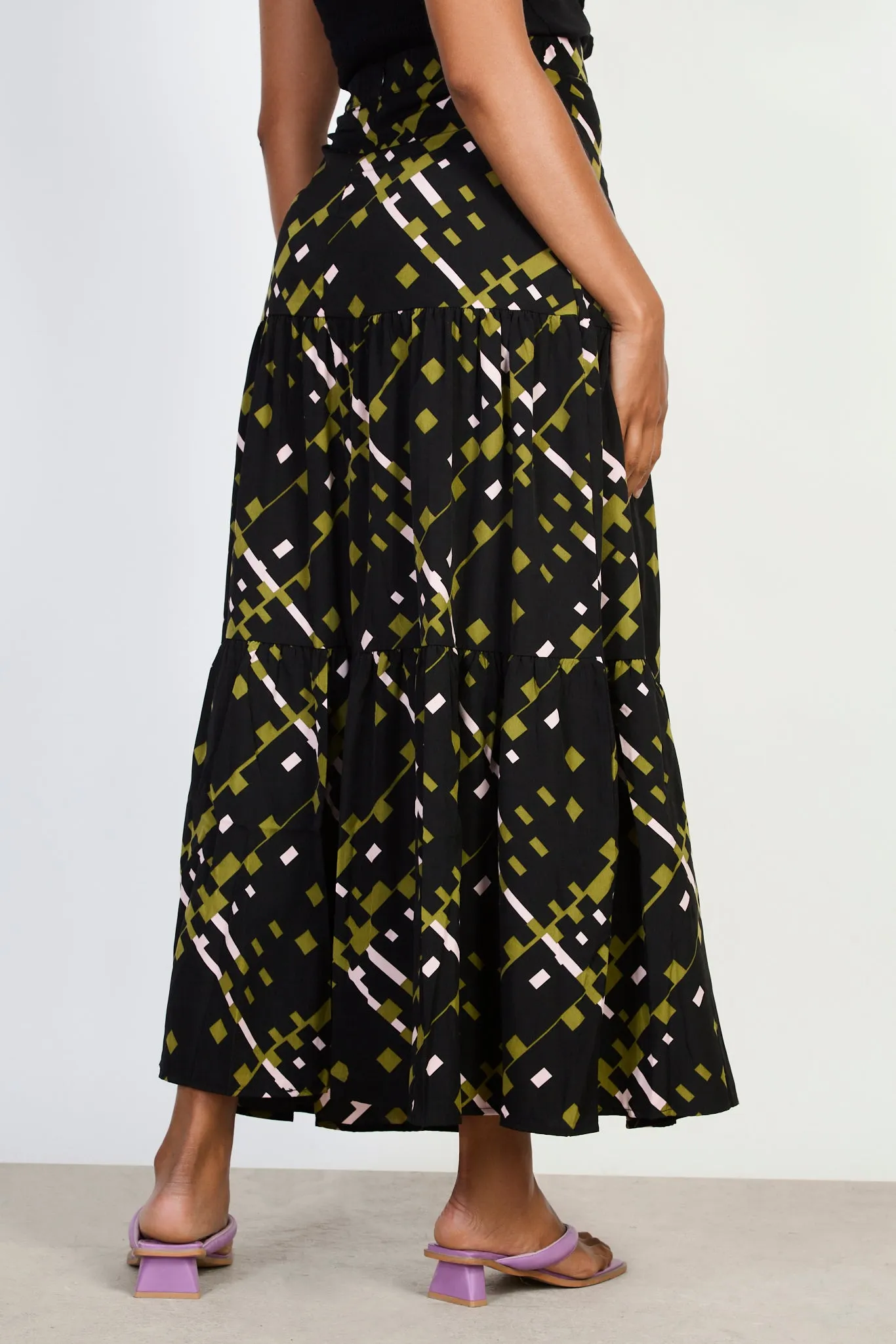 Black olive and pink graphic print tiered maxi skirt