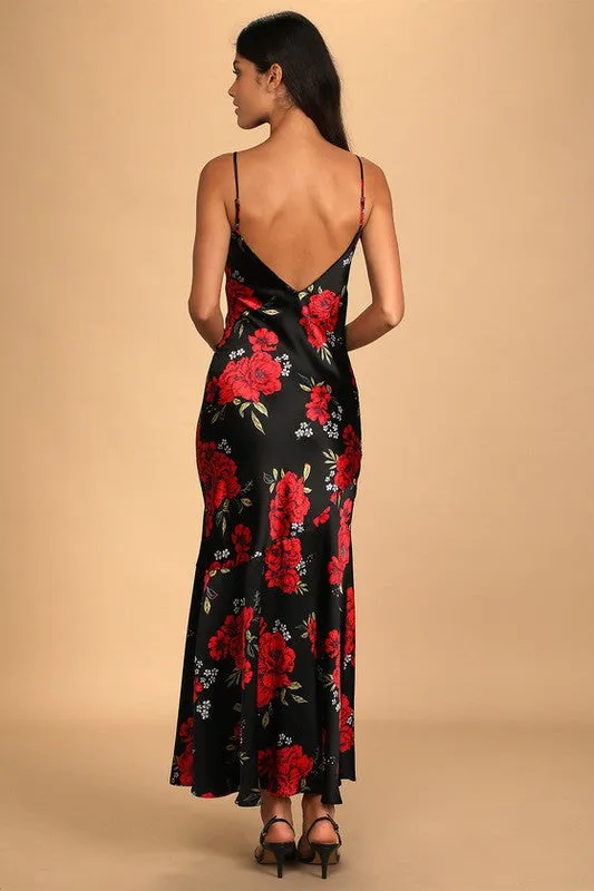 Black Red Satin Print Cowl Neck Maxi Dress