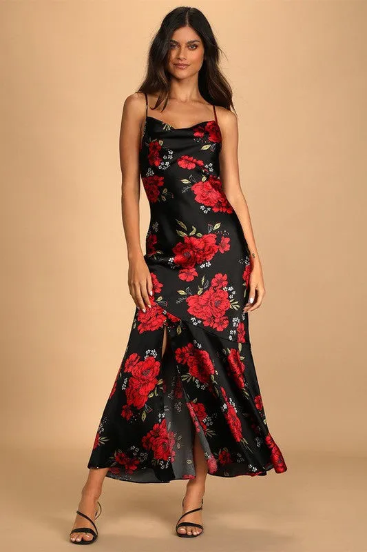 Black Red Satin Print Cowl Neck Maxi Dress