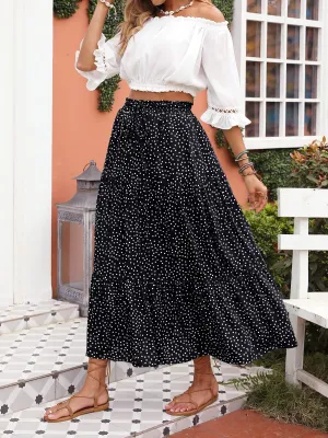 Black Women's Bohemian Floral Printed Elastic Waist A Line Maxi Skirt with Pockets - ZESICA