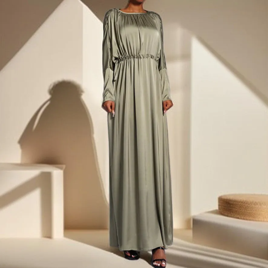 Boat Neck Silky Maxi Dress with Raglan Sleeves