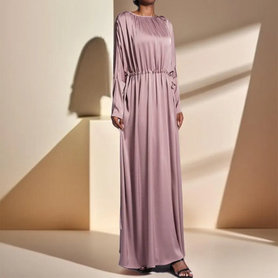 Boat Neck Silky Maxi Dress with Raglan Sleeves