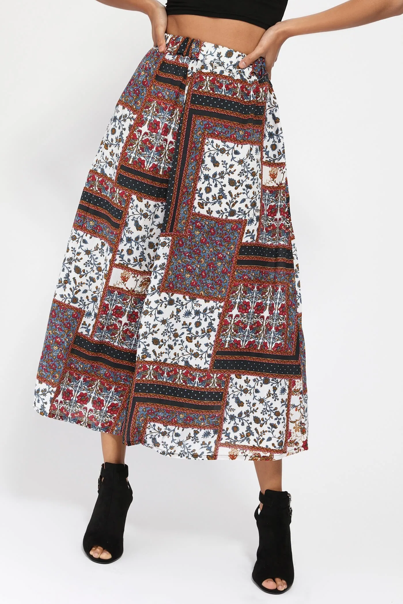 Brown Patch Print Maxi Skirt