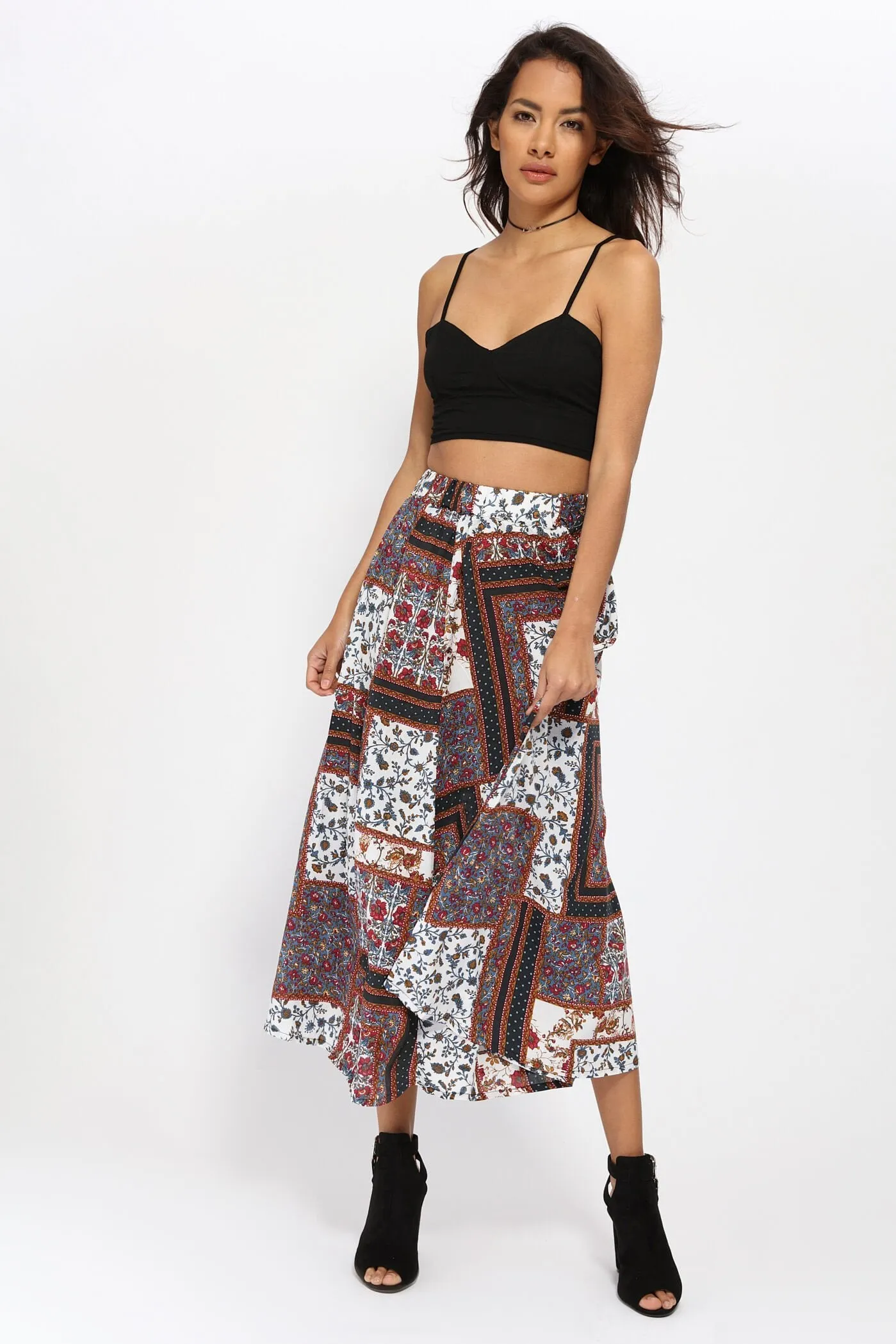 Brown Patch Print Maxi Skirt