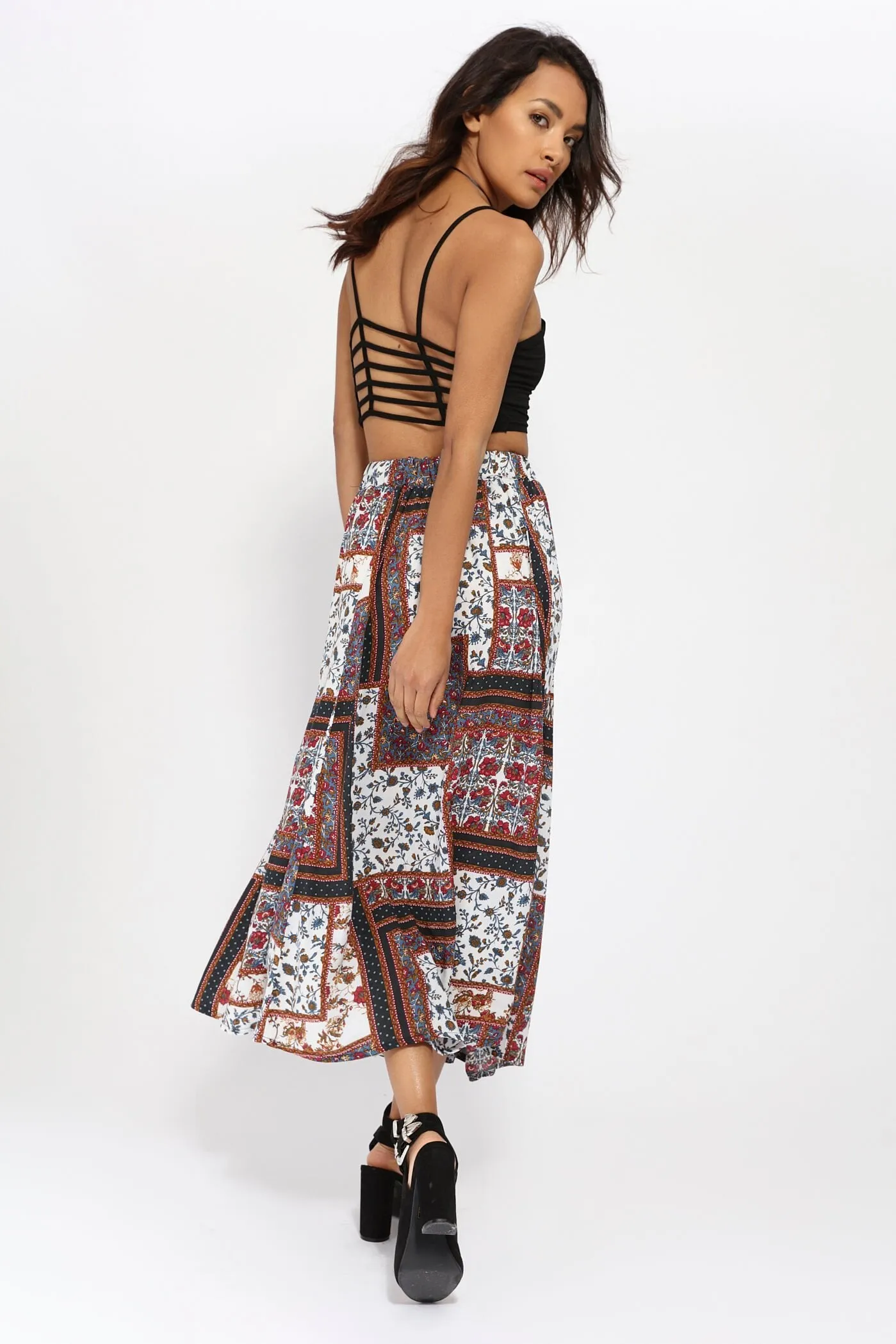 Brown Patch Print Maxi Skirt