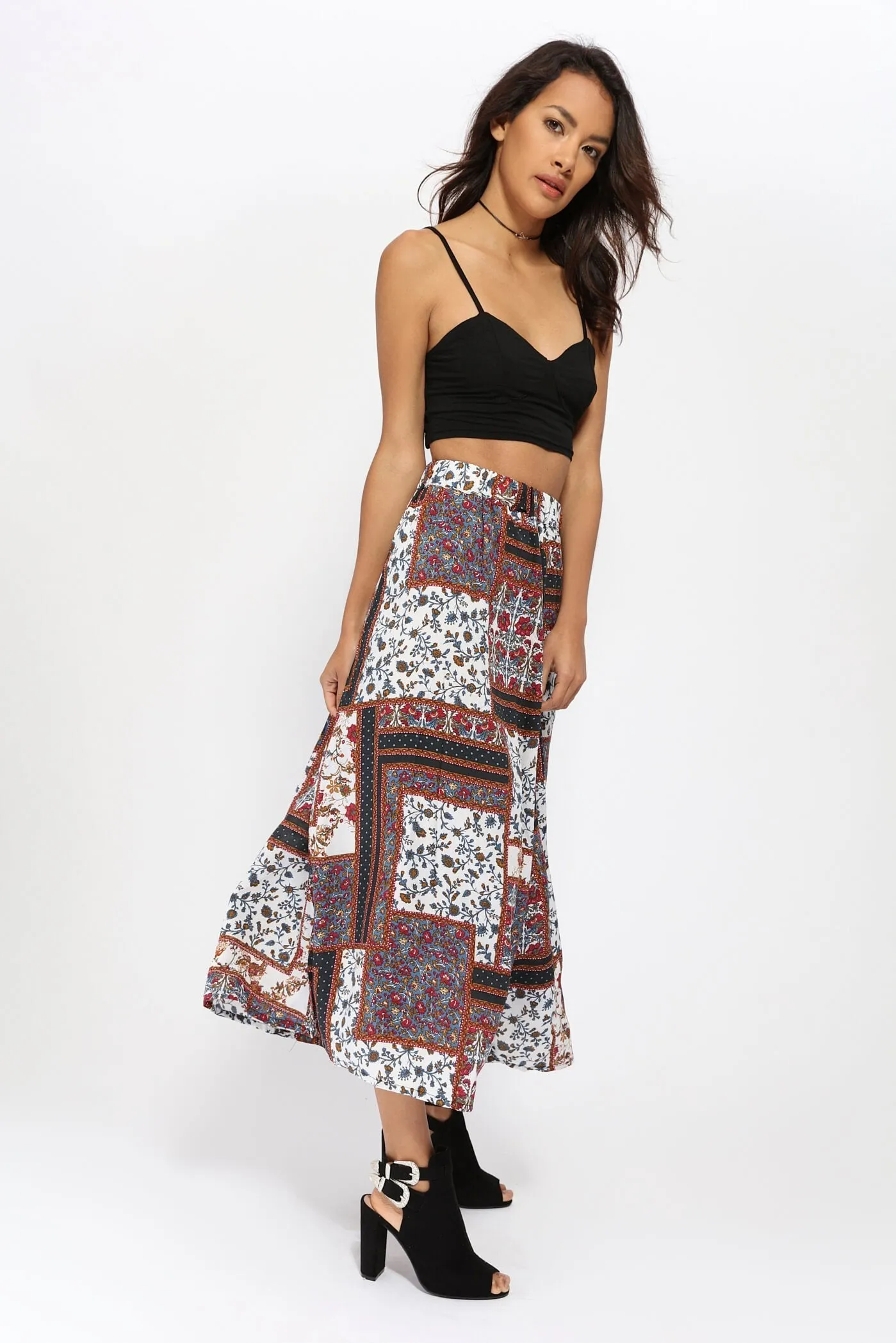 Brown Patch Print Maxi Skirt