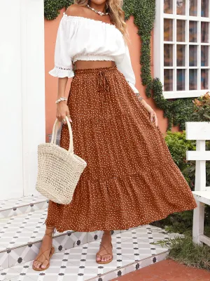 Brown Women's Bohemian Floral Printed Elastic Waist A Line Maxi Skirt with Pockets - ZESICA