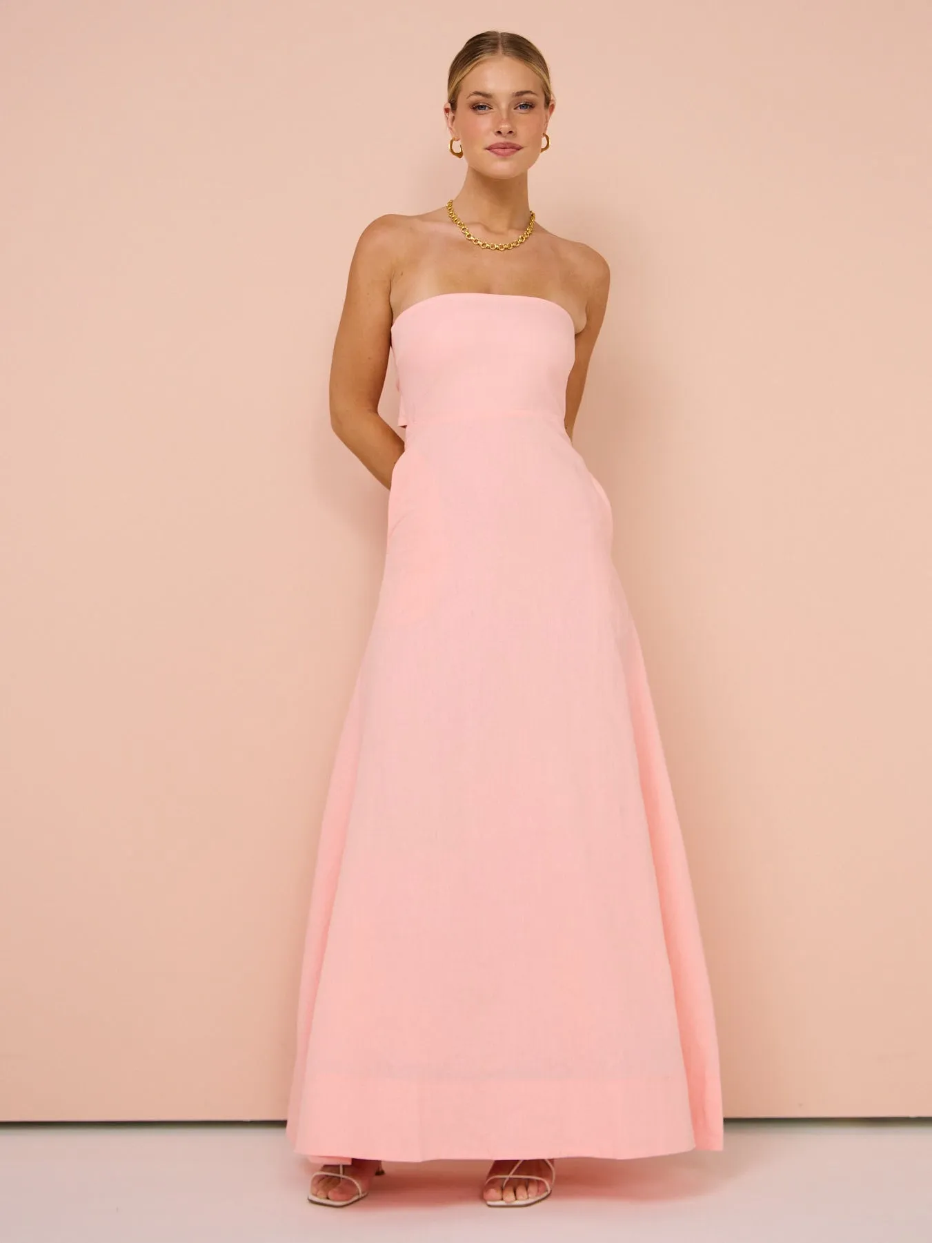 By Nicola Wavy Strapless Maxi Dress in Rockmelon