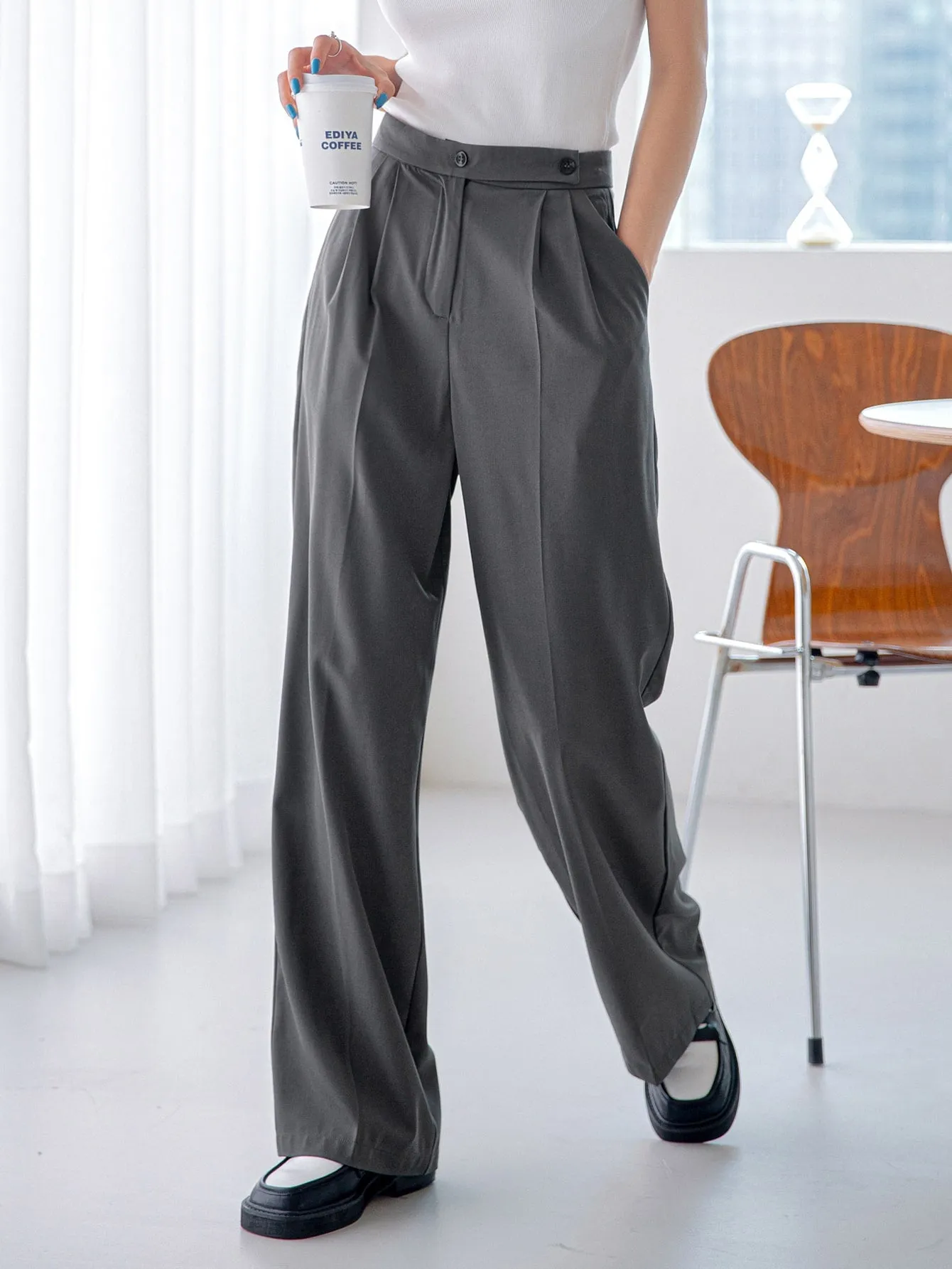 Casual Plain Plicated High Waist Long Women Pants