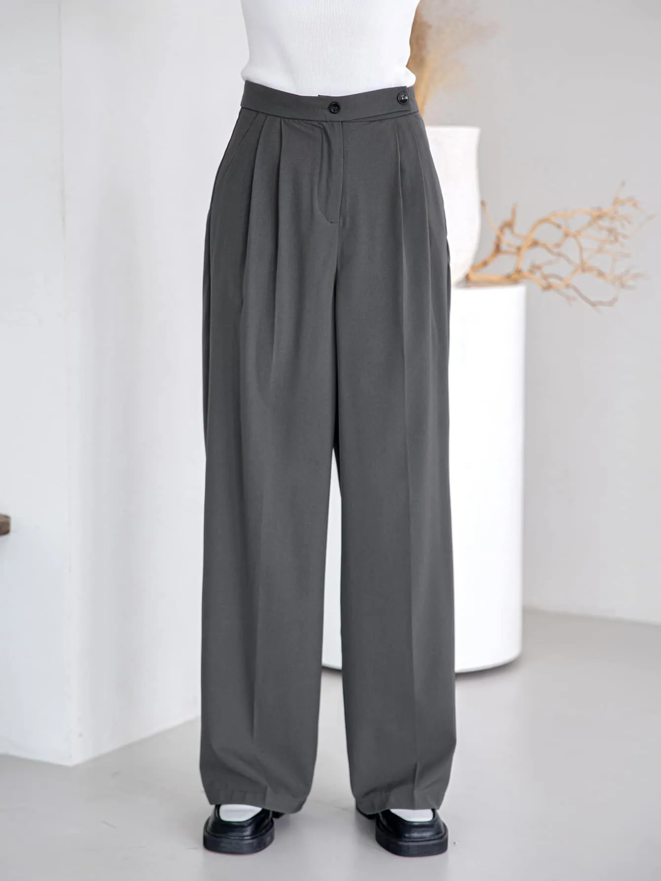 Casual Plain Plicated High Waist Long Women Pants
