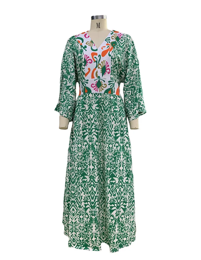 Casual V-Neck Long Sleeve Midi Printed Dress