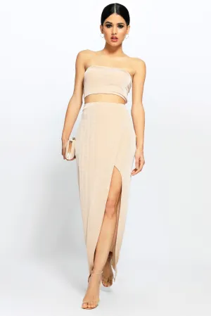 Champagne Wrap Front Maxi Skirt And Bandeau Top