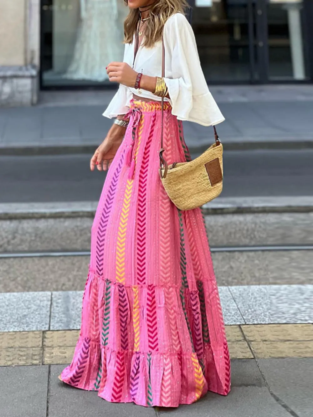Chevron Pattern High Waist Drawstring Big Swing Maxi Skirt