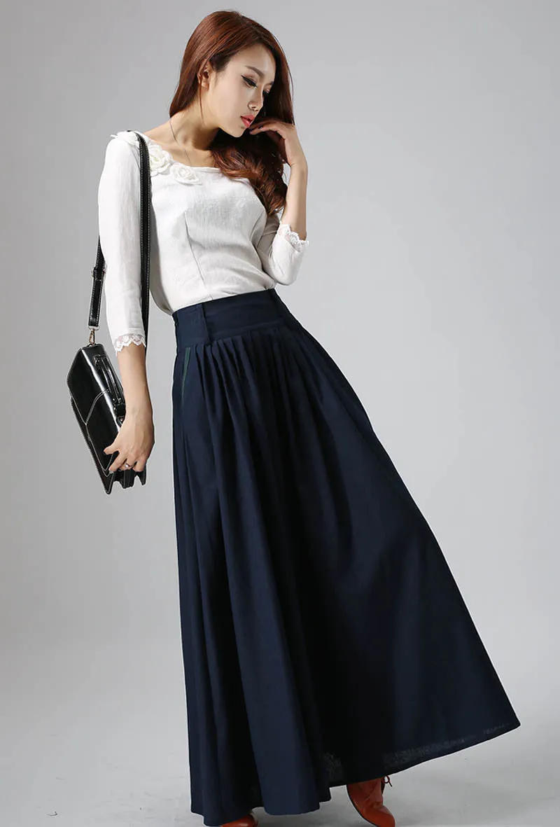 Dark blue linen maxi skirt woman's long skirt 0815#