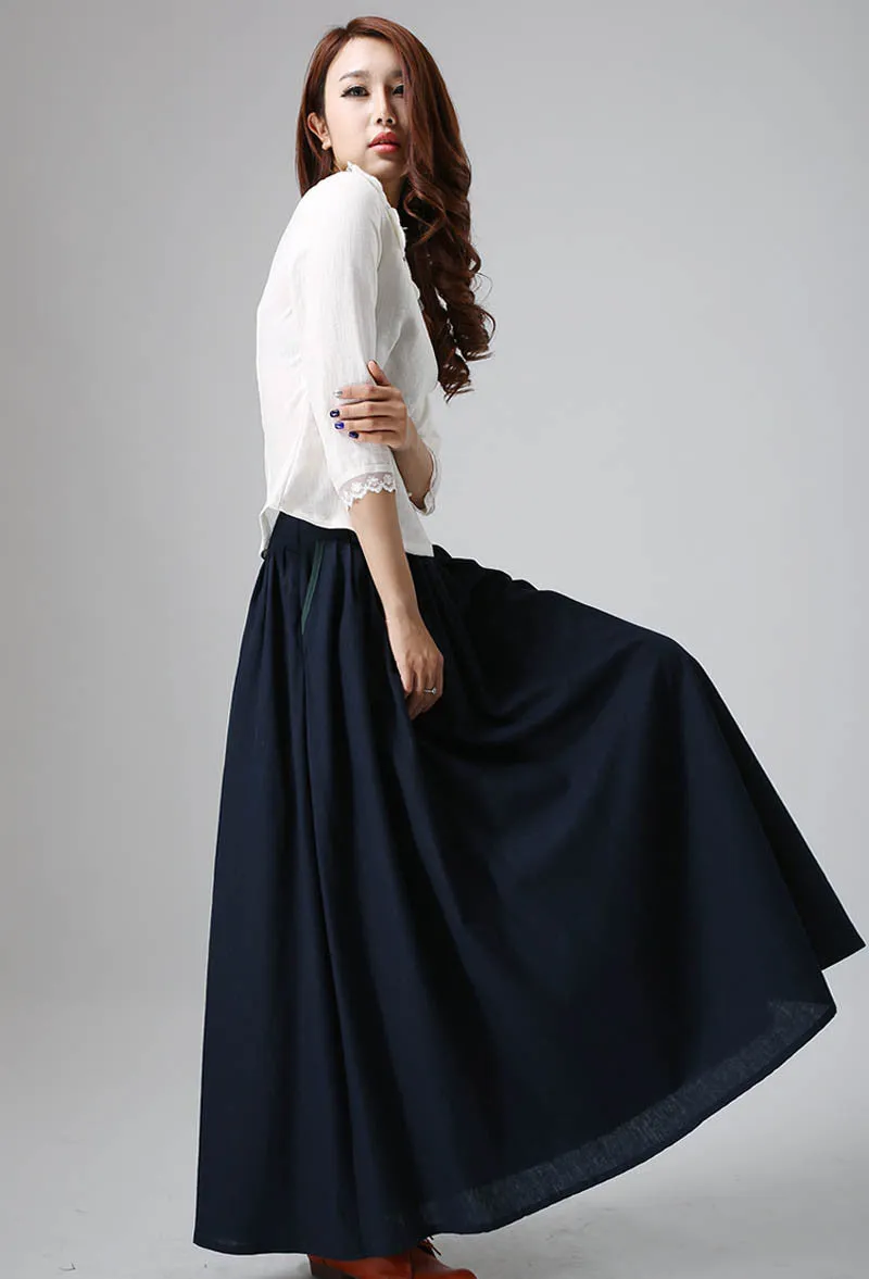 Dark blue linen maxi skirt woman's long skirt 0815#
