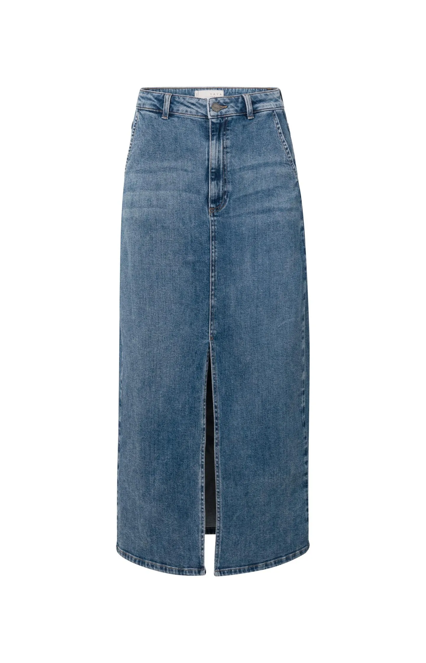Denim maxi skirt with side pockets, slit and zip fly