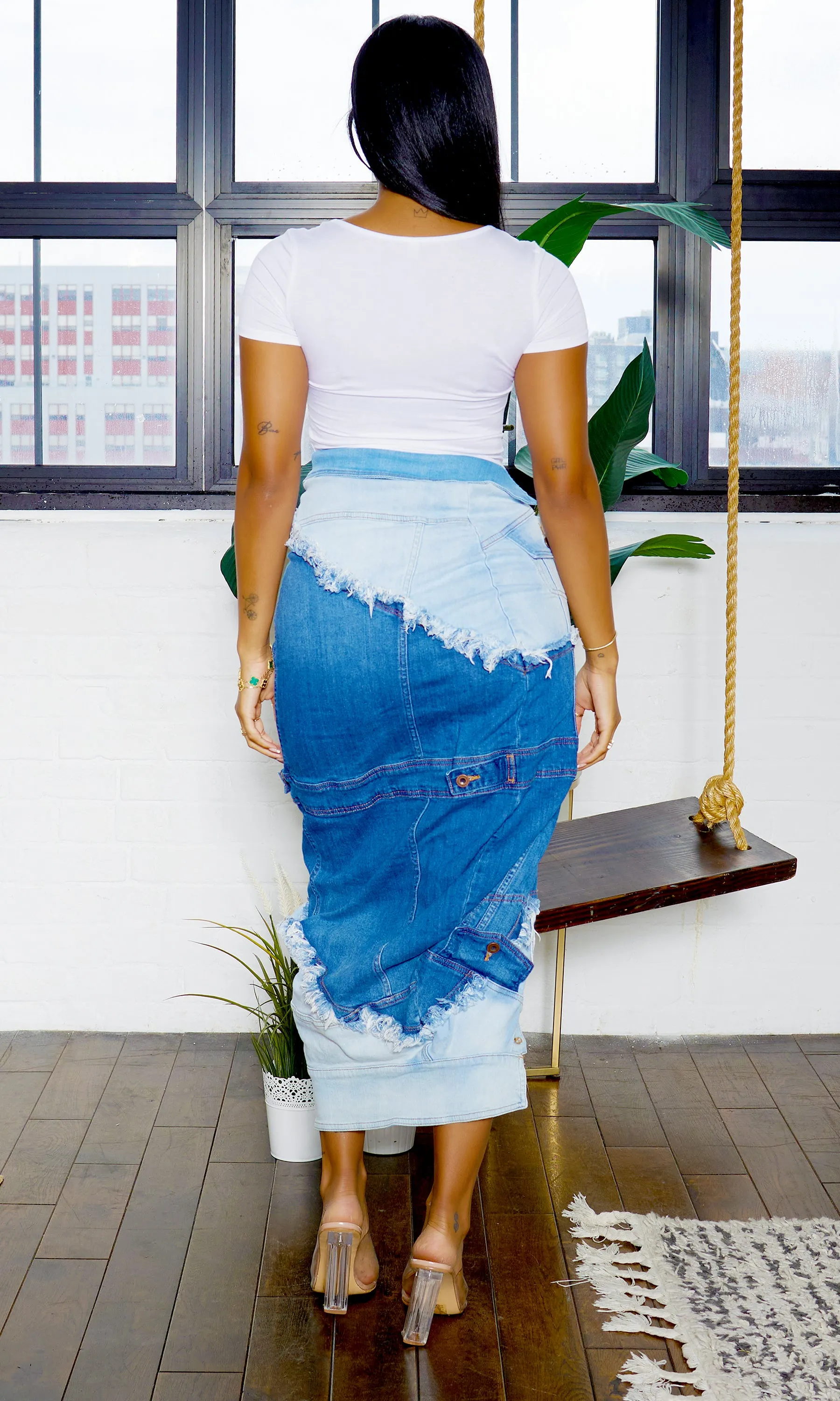 Denim Side Slit Skirt - Blue Combo