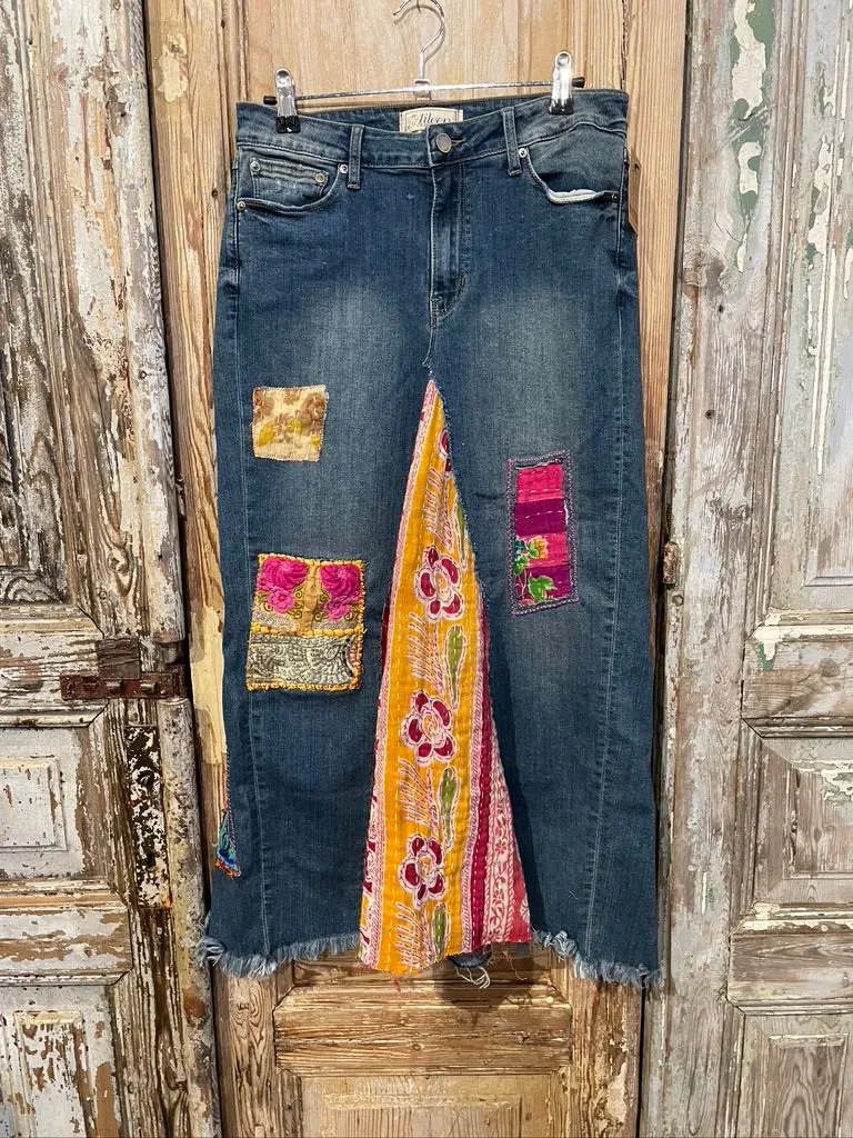 Destroyed Patched Denim Kantha Skirt