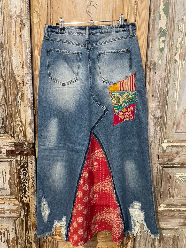 Destroyed Patched Denim Kantha Skirt