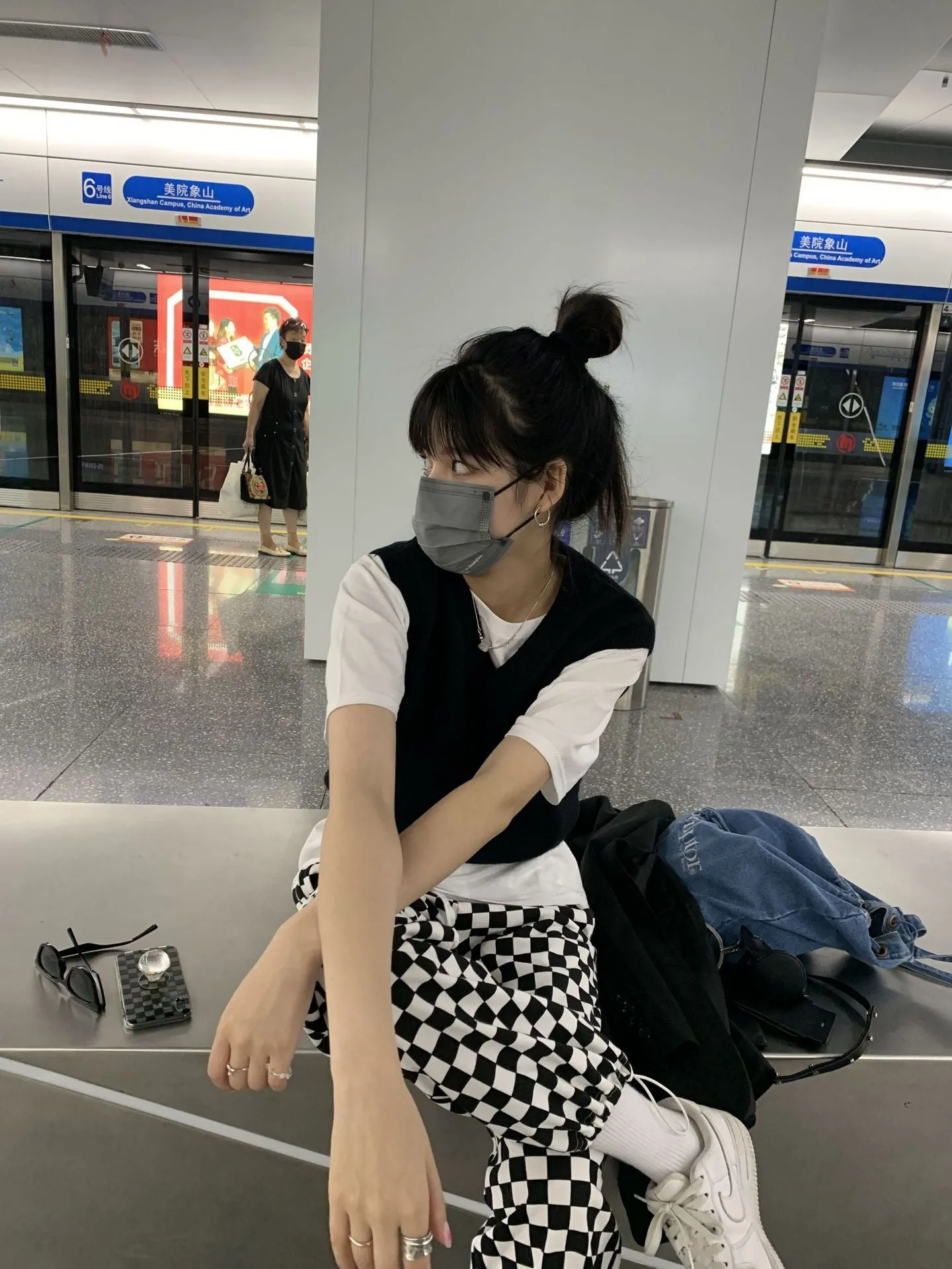 EAL checkerboard patchwork plaid grid loose high waist B/W straight long pants warm gothic trousers