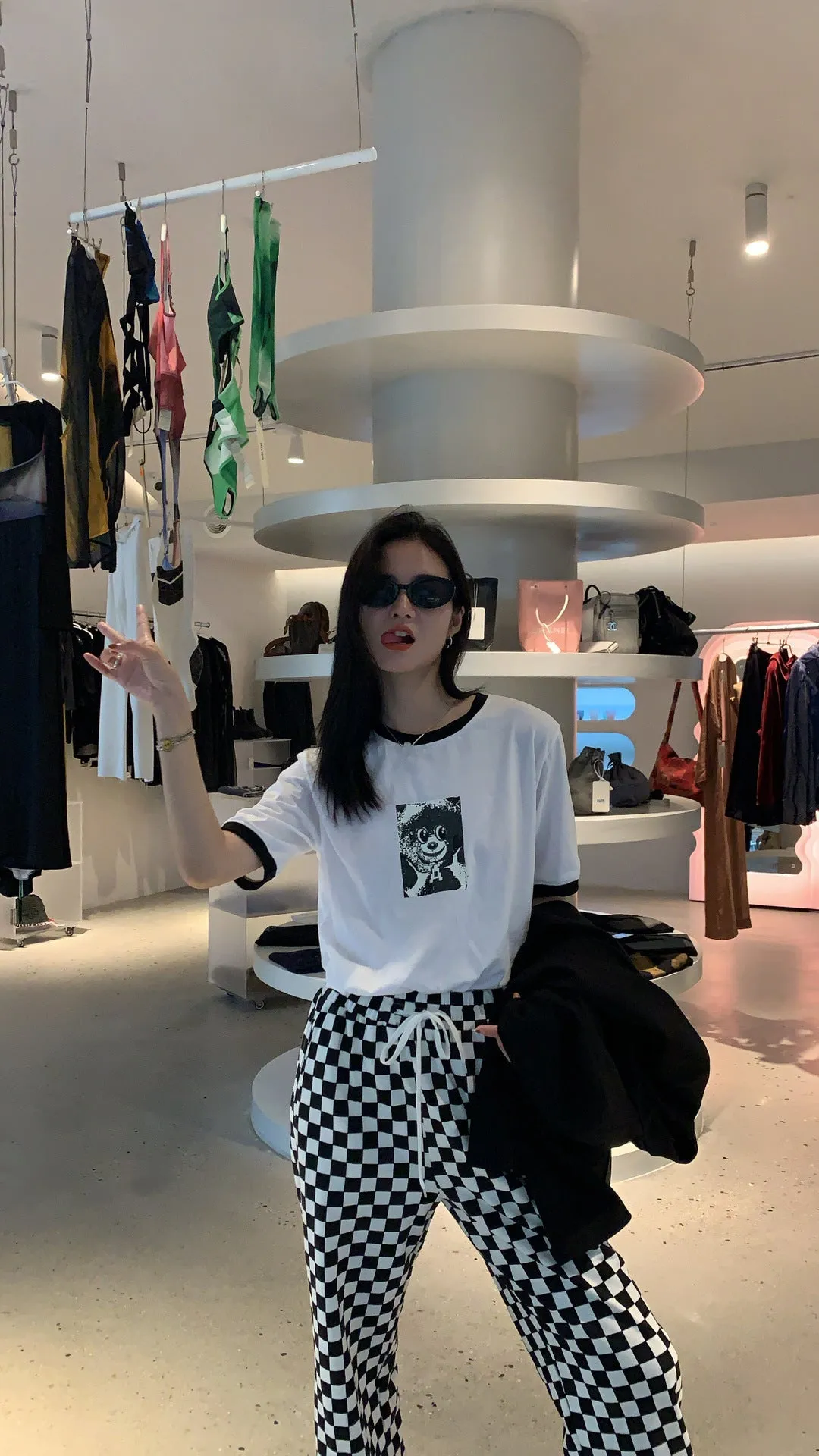 EAL checkerboard patchwork plaid grid loose high waist B/W straight long pants warm gothic trousers