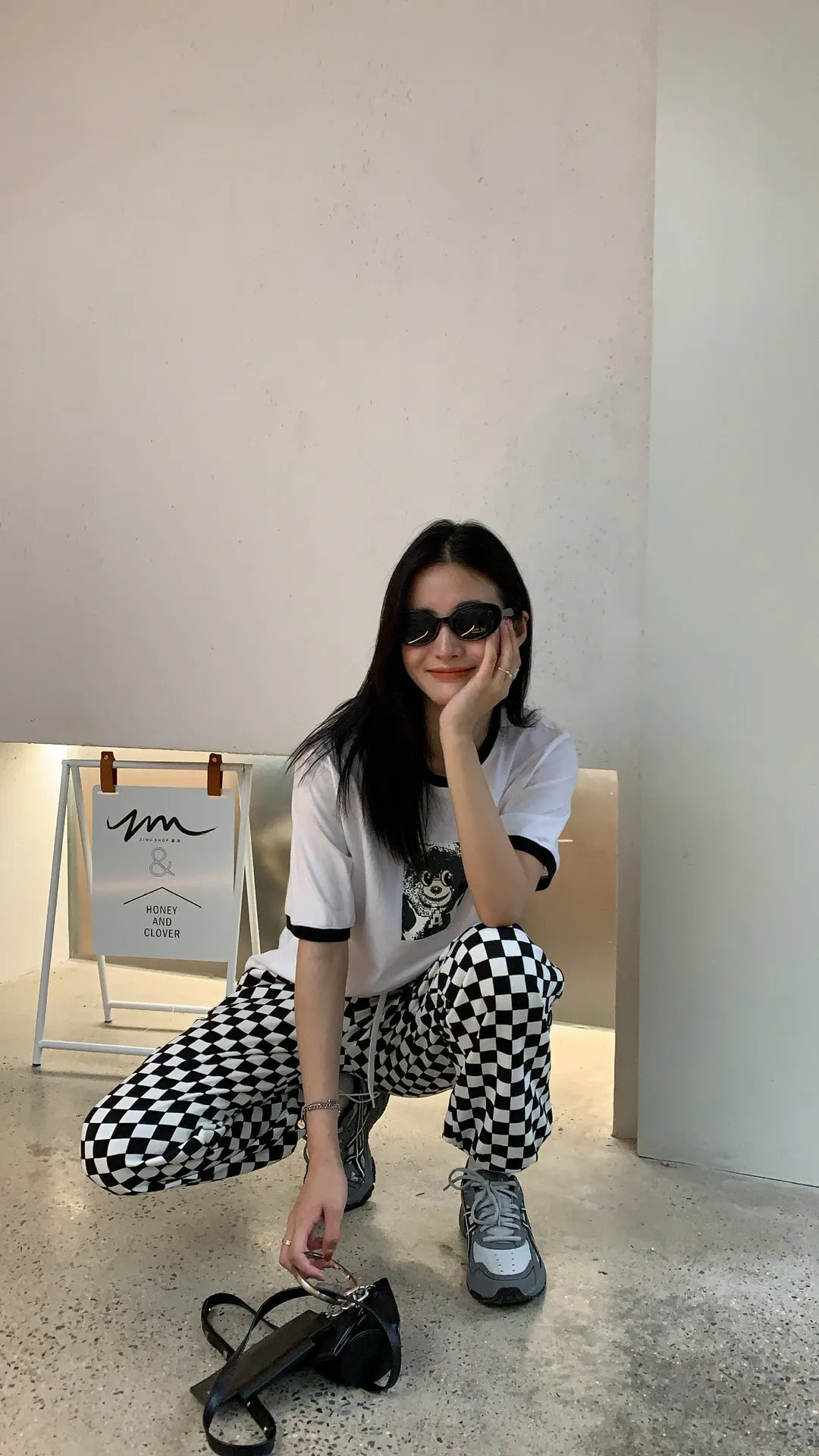 EAL checkerboard patchwork plaid grid loose high waist B/W straight long pants warm gothic trousers