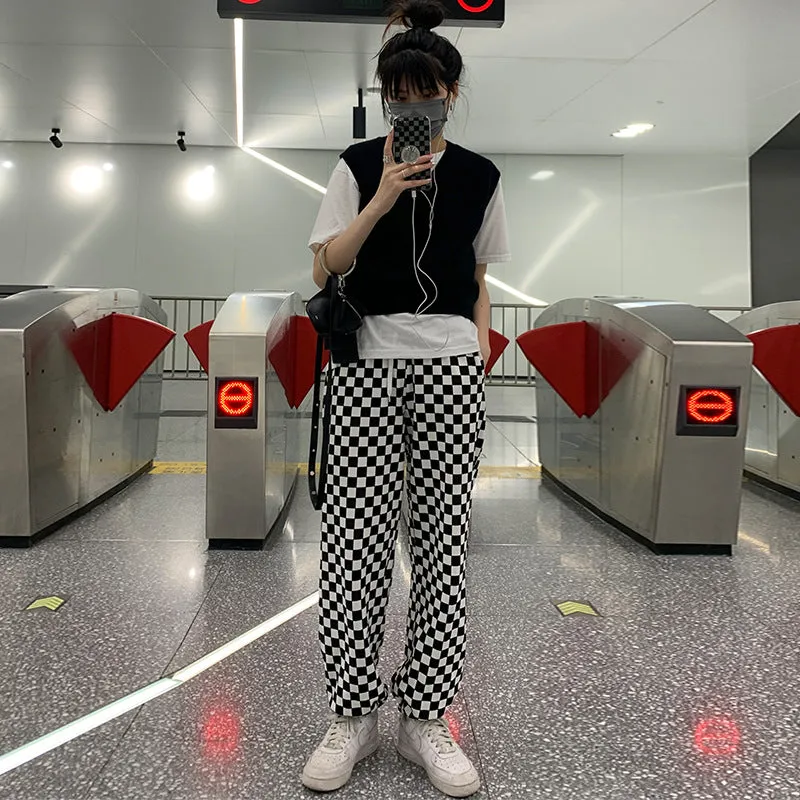 EAL checkerboard patchwork plaid grid loose high waist B/W straight long pants warm gothic trousers