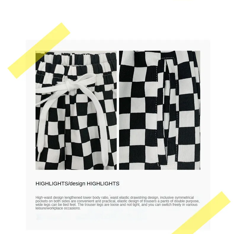EAL checkerboard patchwork plaid grid loose high waist B/W straight long pants warm gothic trousers