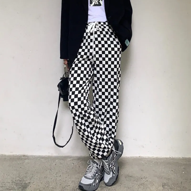 EAL checkerboard patchwork plaid grid loose high waist B/W straight long pants warm gothic trousers