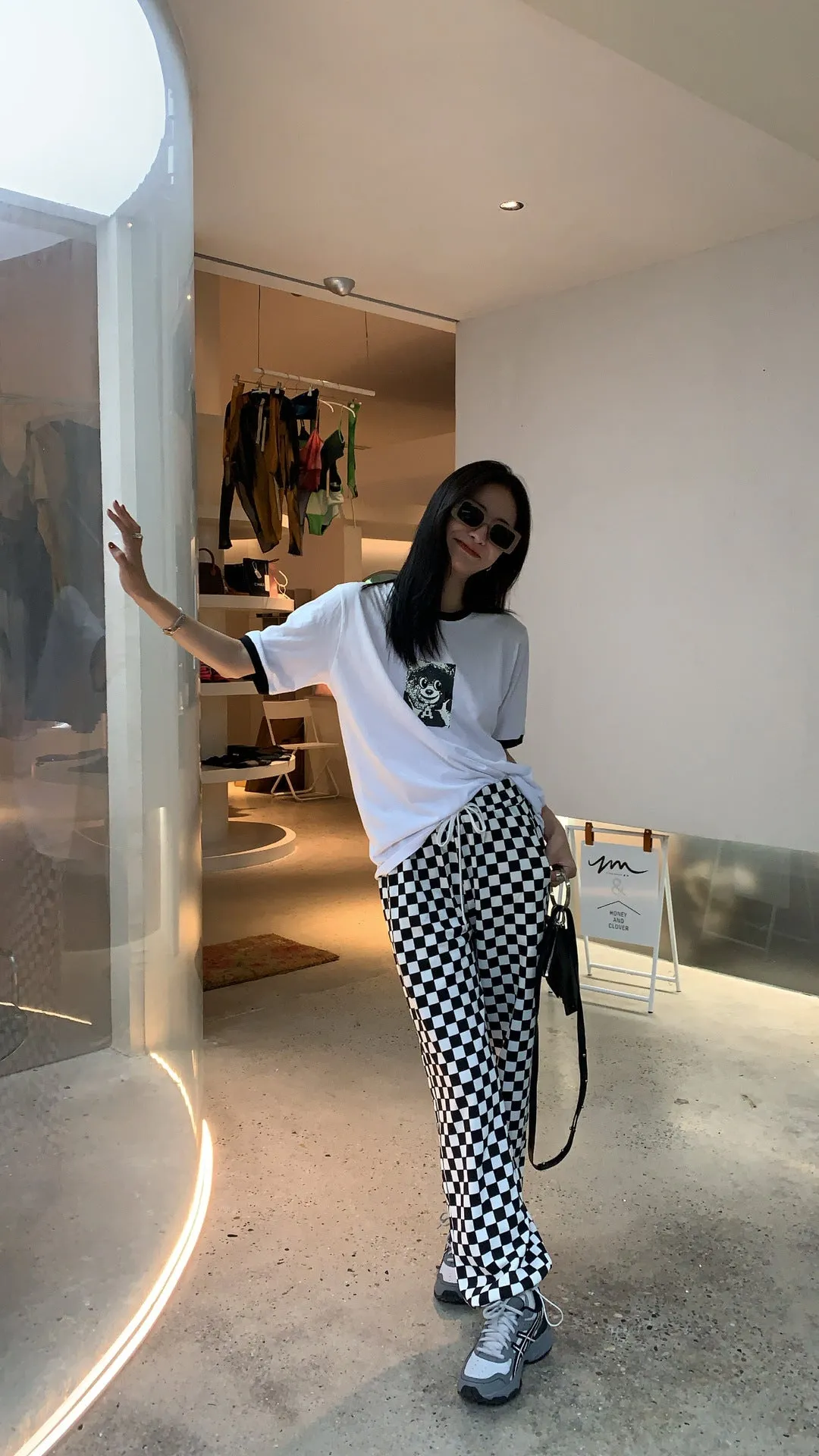 EAL checkerboard patchwork plaid grid loose high waist B/W straight long pants warm gothic trousers