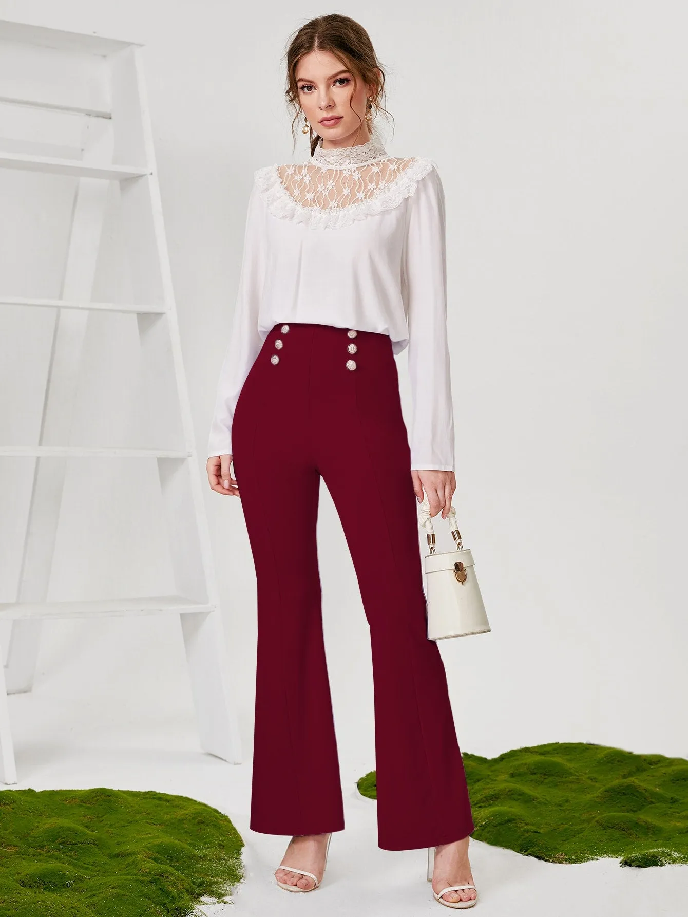 Elegant Plain Double Button High Waist Long Women Pants