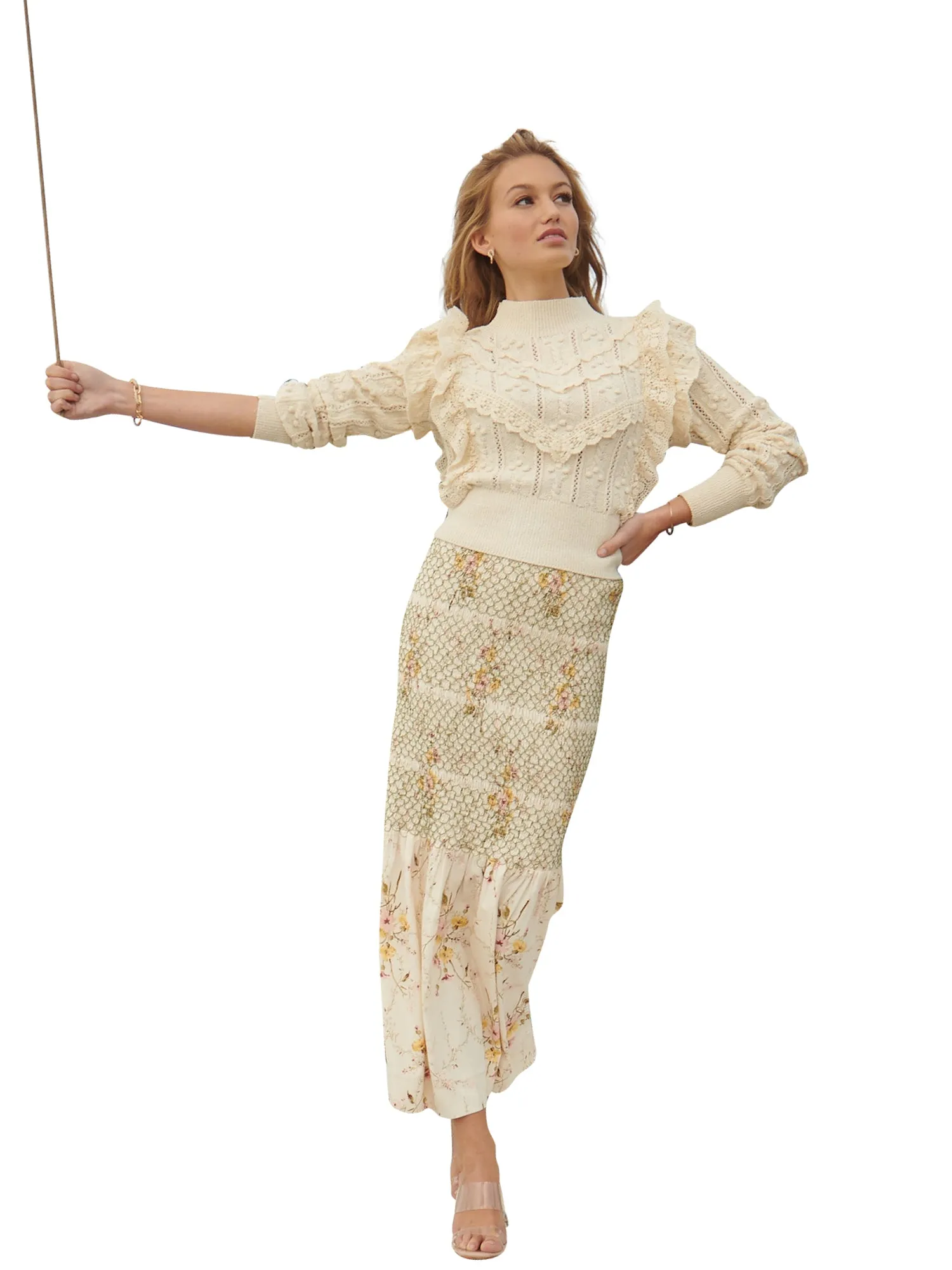 Ellie Makir Smocked Floral Maxi Skirt