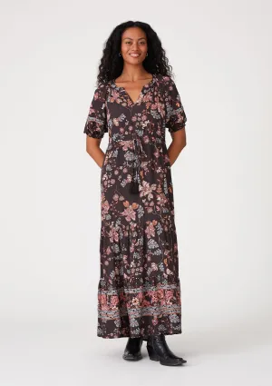 Floral Puff Sleeve Tie Neck Tiered Maxi Dress